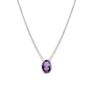 Sautoir Mila Ovale 10 carats double chaine en Or blanc 18 carats et améthyste
