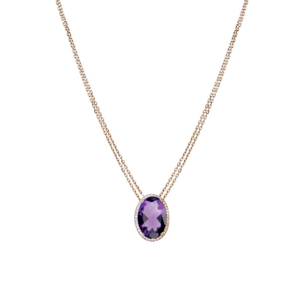 Sautoir Mila Ovale 10 carats double chaine en Or rose 18 carats et améthyste