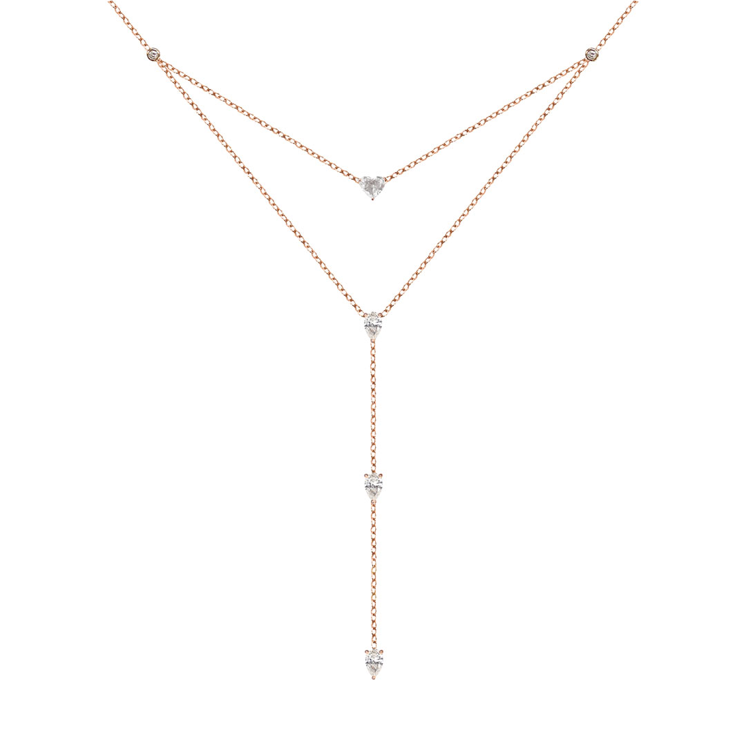 Collier sautoir Just Joy Heart en or rose 18 carats et diamants taille coeur, poire et brillant